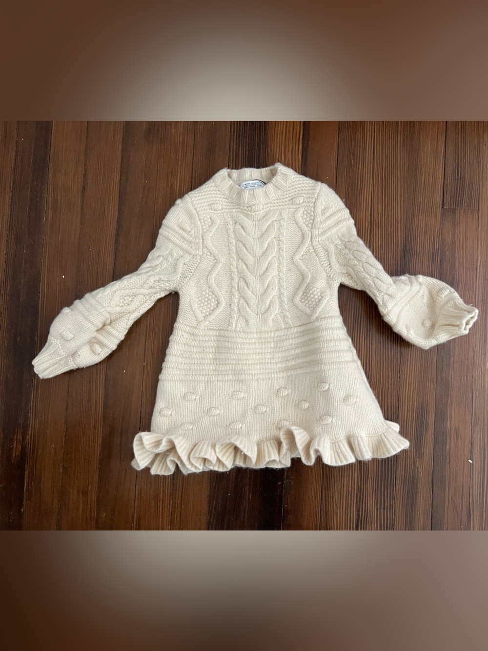 Cream Cable Knit Ruffle-Hem Sweater Dress